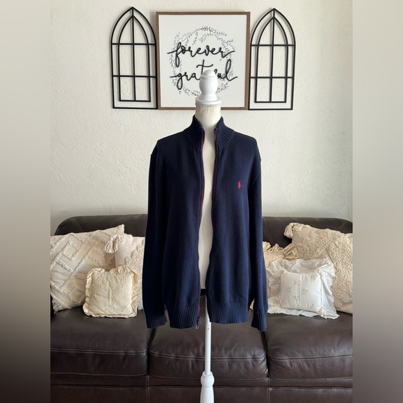 Polo Ralph Lauren Navy Blue Full Zip Cable Knit Sweater Men’s Size XL Classic - Picture 7 of 15